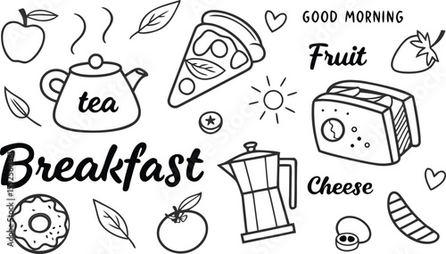 Fast food sketch for fastfood restaurant or bistro. Vector cheeseburger burger or hotdog sandwich snack, french fries or pizza and coffee or soda drink, taco and black burger.