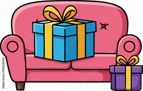 Pink sofa with blue and purple gift boxes wrapped with yellow ribbons cozy living room interior illustration vector 