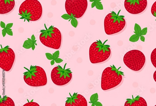 Seamless pink spotted background with red strawberries in a flat style vector pattern,  pink,  textile