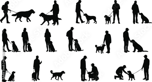 Silhouettes of people walking and training dogs, pet ownership concept, leash control, canine obedience, companionship, outdoor activity, animal behavior