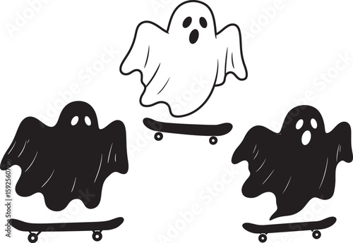 Three ghosts riding skateboards halloween silhouette