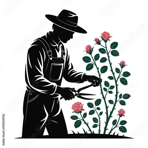 Silhouette illustration of a gardener pruning plants, black and white vector isolated on white background