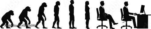 Human evolution timeline from primates to modern office workers, workplace transformation concept, black silhouette vector, technology and development illustration