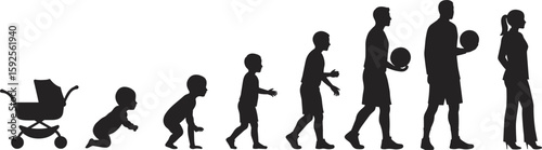 Human life stages, silhouette timeline illustration, growth and evolution concept, age progression from baby to adult, developmental journey representation