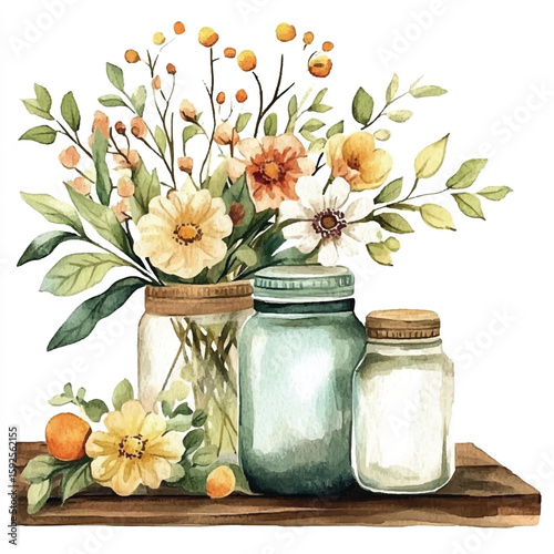 Watercolor Floral Arrangement with Jars on Rustic Wooden Shelf Still Life
