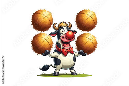 A cow juggling three large hay bales with ease while wearing a clown nose Vector Design, isolated on a white background 1