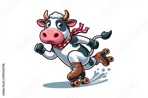 A cow on roller skates, trying to do tricks but falling over in style Vector Design, isolated on a white background 1