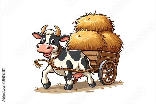 A cow pulling a cart filled with hay, wearing a big smile as it works hard Vector Design, isolated on a white background 1