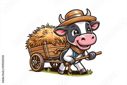 A cow pulling a cart filled with hay, wearing a big smile as it works hard Vector Design, isolated on a white background 1