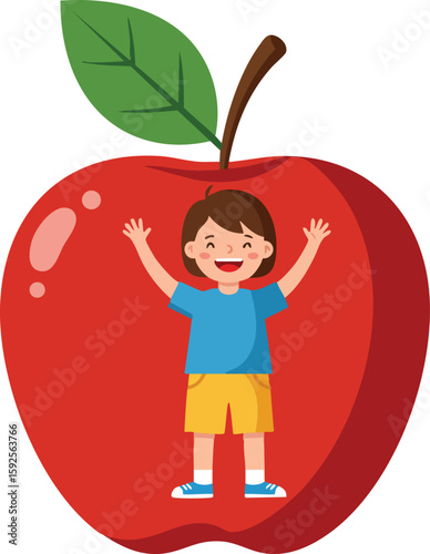Child standing happily inside large red apple with green leaf vector illustration for healthy eating and fun concept