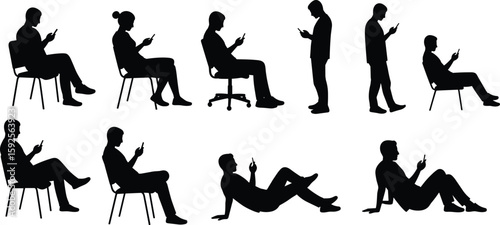 Silhouette of people using smartphones, sitting, standing, reclining, mobile addiction concept, tech lifestyle, digital device interaction, black vector design