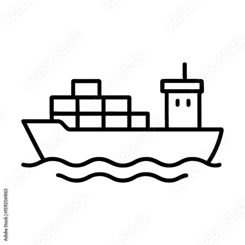 Container Ship Cargo Vessel on Ocean Waves Outline Illustration