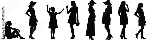 Silhouette of woman life stages, growth and transformation, female development timeline, pregnancy and motherhood concept, age progression vector illustration