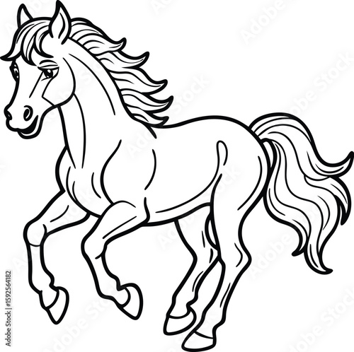 Dynamic horse in full stride rendered in classic black and white line art