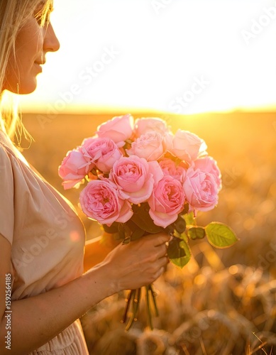 Woman holding a bouquet of pink roses in a field at sunset