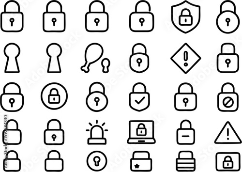 Secure your data and belongings with this detailed lock and padlock icon set. Includes security, privacy, and access control symbols in modern vector style.

