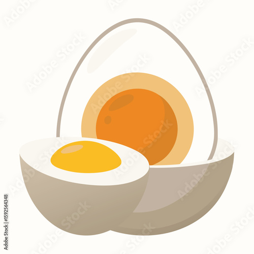 Boiled egg, perfectly peeled and halved, showing its healthy yolk, on a clean white background.