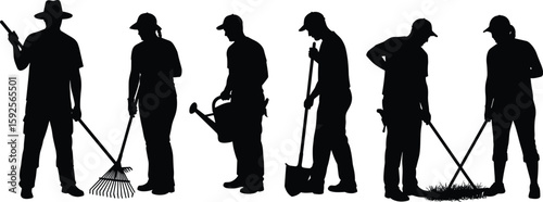 Silhouettes of gardeners using rake, watering can, shovel, teamwork in garden maintenance, outdoor labor scene, black vector illustration, landscaping