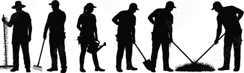 Silhouettes of gardeners performing yard work, outdoor maintenance tasks, raking, watering, shoveling, teamwork illustration, landscaping concept, black vector art