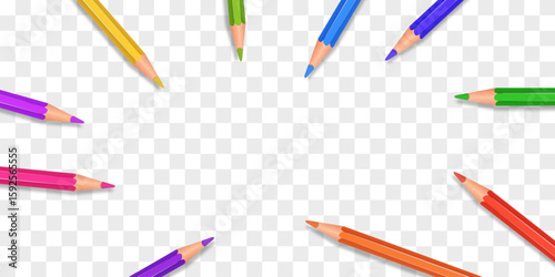 Vector set of colored pencils png. Back to school. Realistic set pencils for draw. Drawing collection for artwork. Vector illustration isolated on transparent background.