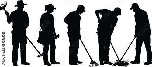 Silhouettes of gardeners with rakes, teamwork concept, outdoor maintenance, landscaping and yard care, black vector illustration for garden service design