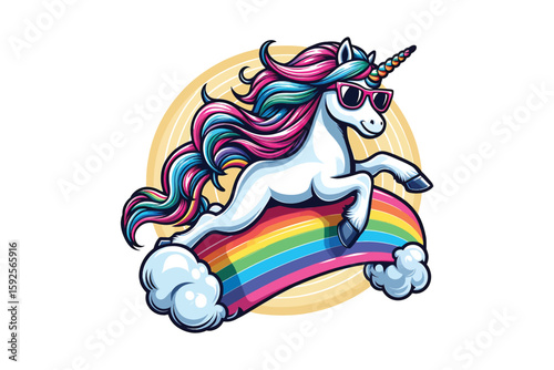 A unicorn with sunglasses, riding a rainbow Vector Design, isolated on a white background