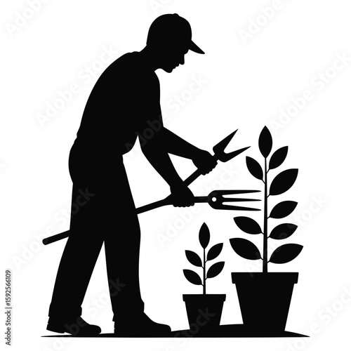 Silhouette illustration of a gardener pruning plants, black and white vector isolated on white background