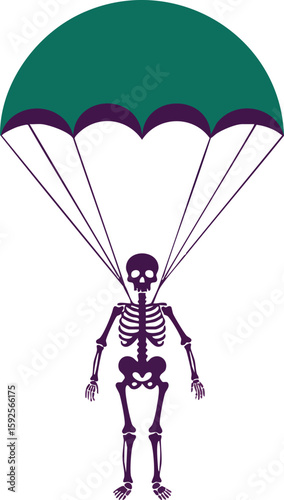 Skeleton descending with green parachute vector illustration in simple flat style for creative design and digital art projects 