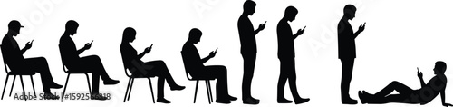 Silhouettes of people using smartphones, sitting, standing, lying down, mobile addiction concept, digital lifestyle, black vector design, technology posture illustration