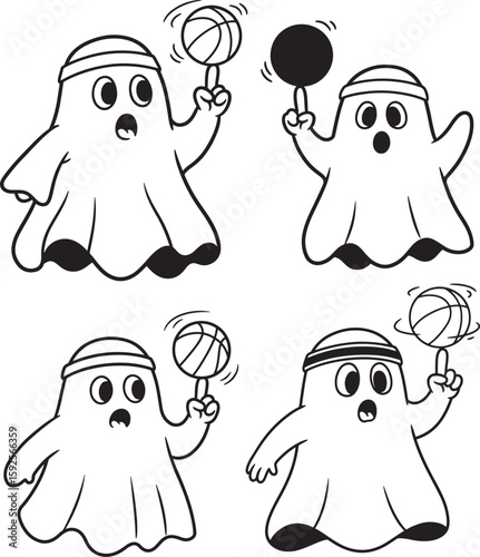 Four cute ghost characters playing basketball silhouette