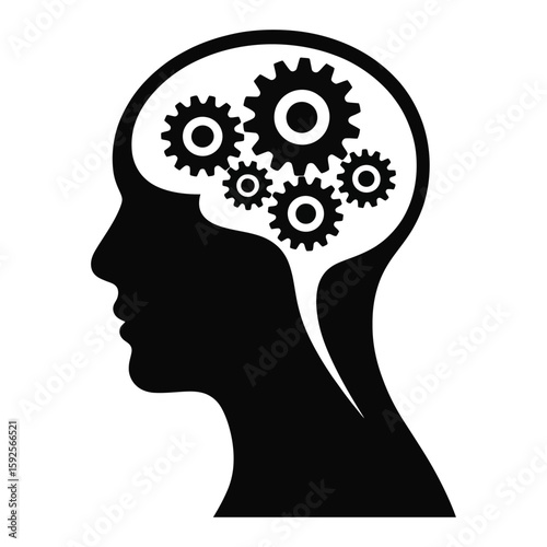 Silhouette illustration of a human mind with gears inside, black and white vector isolated on white background
