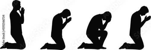 Silhouettes of praying person in four poses, spiritual devotion illustration, religious meditation concept, black vector graphic on white background