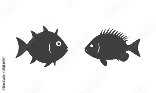 Two Fishes black silhouettes Vector, Deep ocean Sea small fishs, flounder, pufferfish, shark, marine Life, Sea food.
