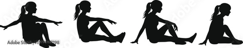 Silhouettes of woman seated exercising, wellness routine poses, flexibility and stretching concept, black vector illustration, fitness lifestyle sequence design