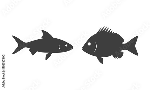 Two Fishes black silhouettes Vector, Deep ocean Sea small fishs, flounder, pufferfish, shark, marine Life, Sea food.
