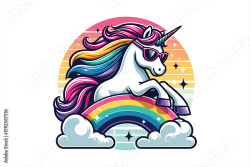A unicorn with sunglasses, riding a rainbow Vector Design, isolated on a white background