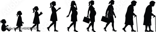 Woman life stages silhouette from baby to elderly, female aging process, developmental timeline concept, growth illustration, healthcare, identity journey