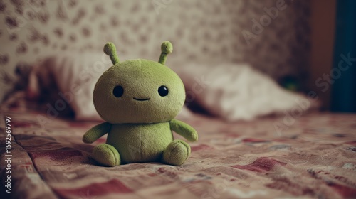 Cute green alien plush toy on bed with patterned background