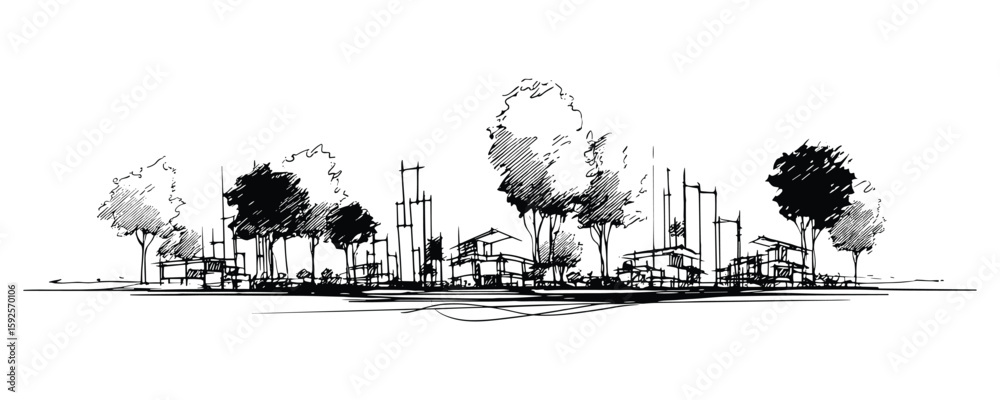 Obraz premium Black and White Sketch Architectural Design Showing Houses and Trees Landscape Plan