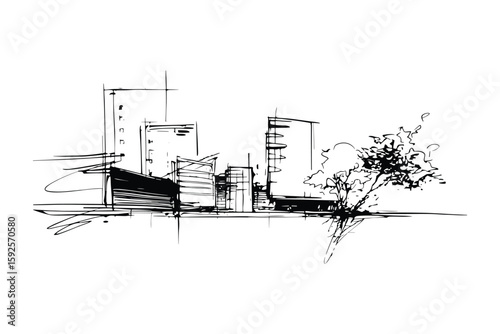 Black and White Sketch Graphic Design of Modern Cityscape Architectural Buildings and Tree