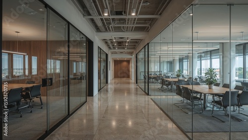 Modern office corridor with glass partitions and meeting rooms.