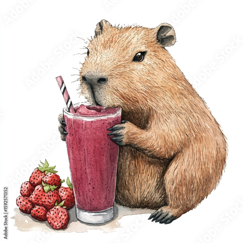 Watercolor Capybara Enjoying a Berry Smoothie with Fresh Strawberries Delightful Scene