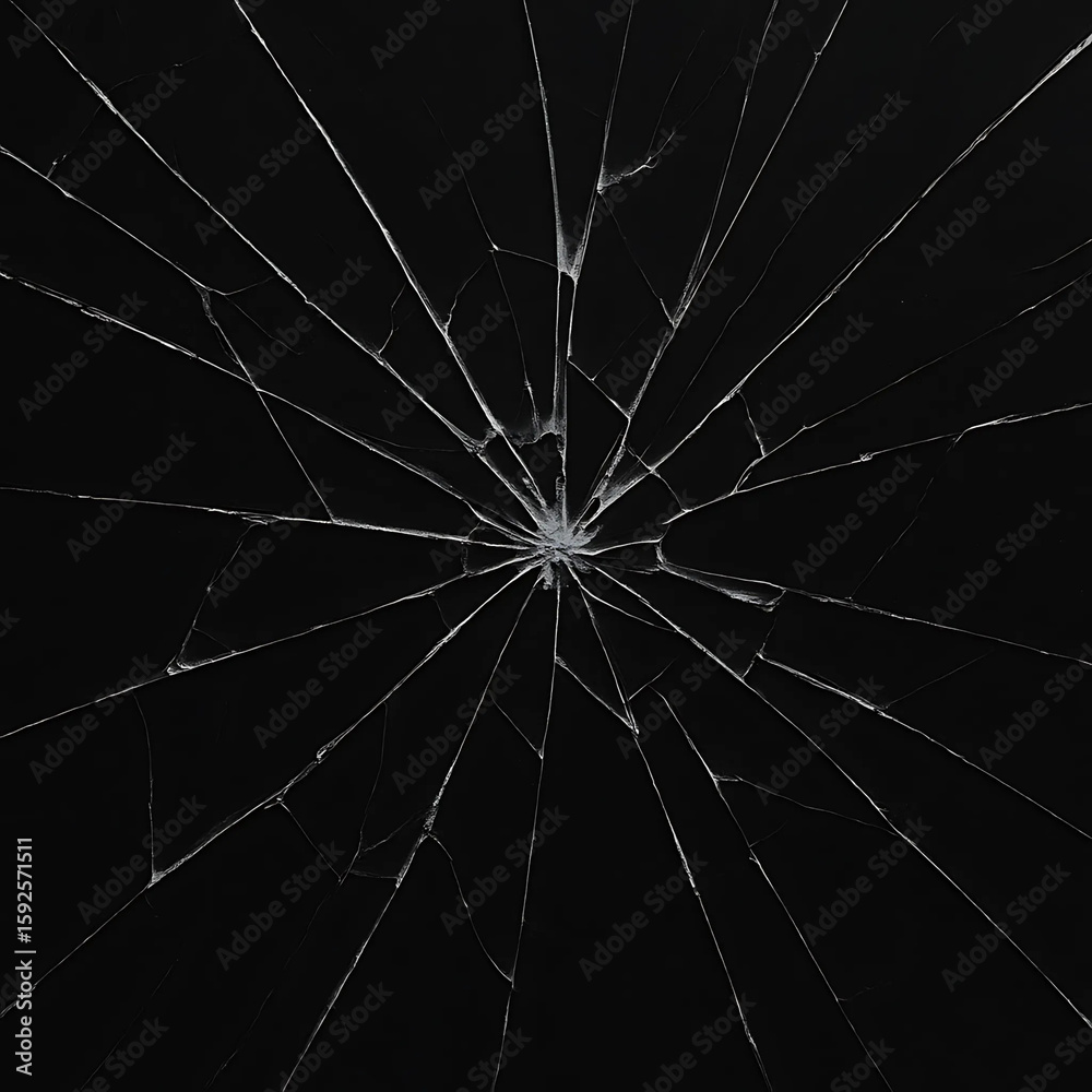 Obraz premium Web of shattered glass: a macro starburst pattern of cracks, like a spider's web, on a dark window