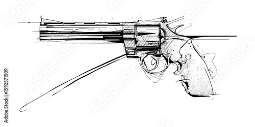 Abstract Black and White Revolver I Print Graphic Design Sketch Style Hand Drawn Weapon Illustration