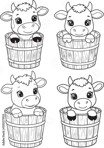 Four adorable cartoon cows peeking out of wooden buckets silhouette