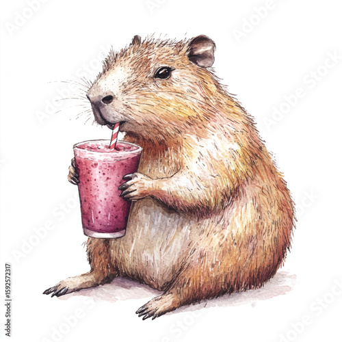 Watercolor Capybara Enjoying a Refreshing Berry Smoothie with a Straw (1)