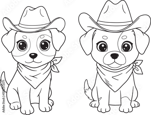 Cute cartoon puppies wearing cowboy hats and bandanas silhouette