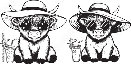 Two highland cows wearing hats and sunglasses silhouette