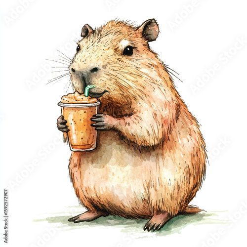 Watercolor Capybara Enjoying a Refreshing Drink with a Green Straw