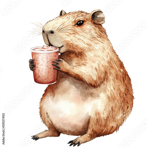 Watercolor Capybara Enjoying a Refreshing Drink with Delightful Expression